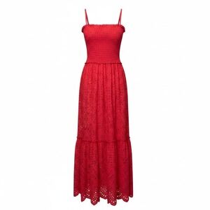In Italy Red Eyelet Cotton Smocked Maxi Adjustable Straps Dress Made in Italy